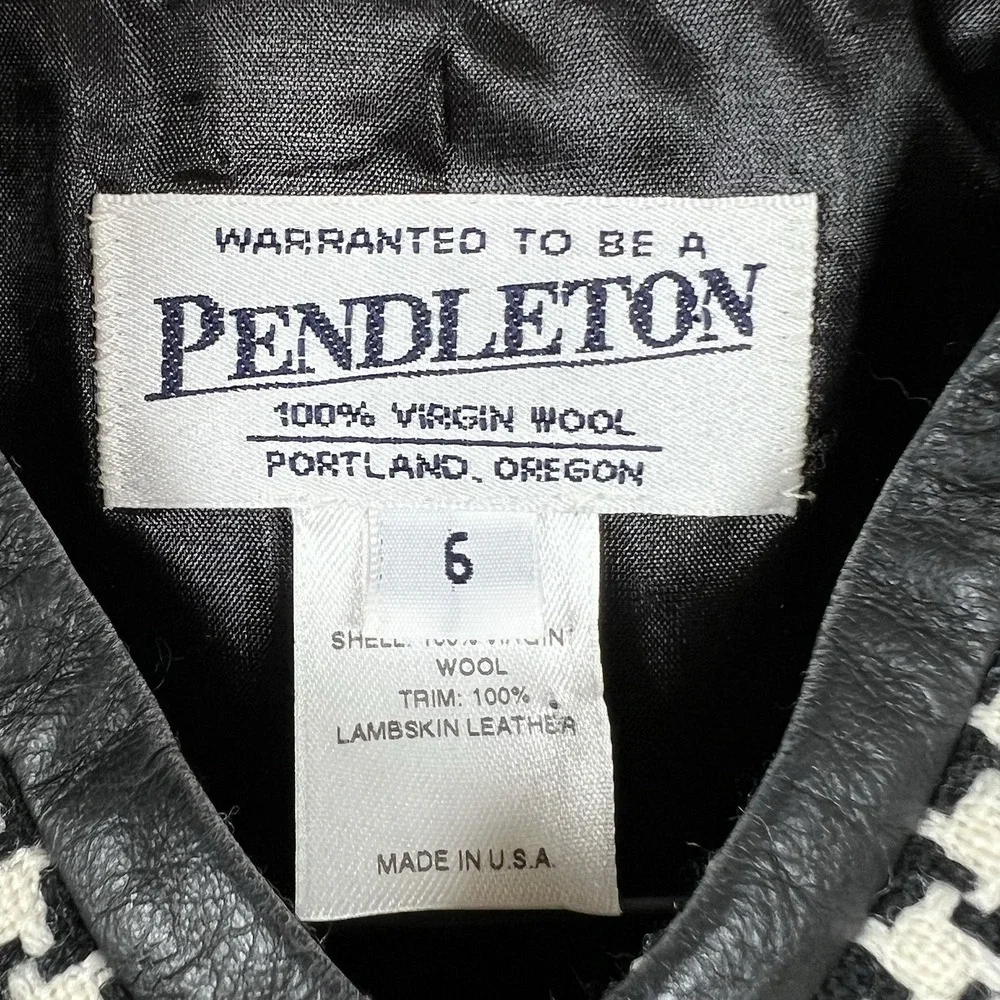 Pendleton‎ Womens 6 Black Cream Houndstooth Virgin Wool Lambskin Trim Jacket